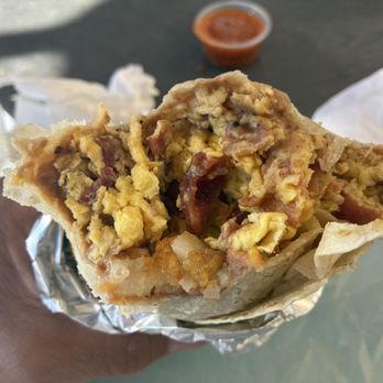 Salsa's Taqueria - Bacon breakfast burrito close up. - Mexican Near Me - Mammoth Lakes, California Salsa's Taqueria - Bacon breakfast burrito close up. - Mexican Near Me - Mammoth Lakes, California