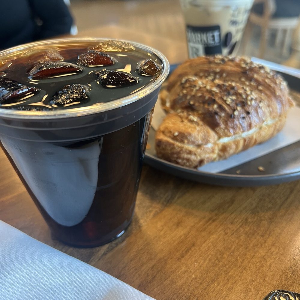 The Market at Roth - Hazelnut sweet cold brew, everything croissant with cream cheese, and Biscoff latte - Coffee & Tea Near Me - Turlock, California