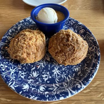 Tupelo Honey - Sweet potato biscuits with peach jam and real butter - New American Near Me - Lenexa, Kansas Tupelo Honey - Sweet potato biscuits with peach jam and real butter - New American Near Me - Lenexa, Kansas