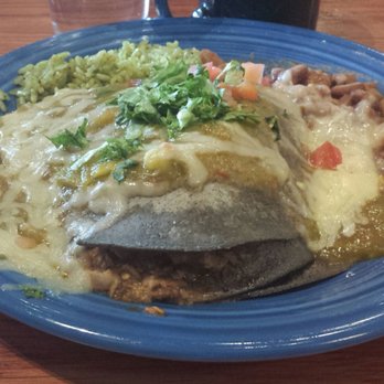 The Range Cafe - Blue corn enchilada plate, green chile & meaty side of the dish. - Mexican Near Me - Albuquerque, New Mexico
