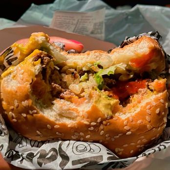 YSG HALAL YeeShaans Grubb - Halal American Burgers - Fusion - Chefs Special AmrYeecan Burger with Fries + grilled onions and pickles spicy sauce, house sauce, and mild sauce - Halal Near Me - Fremont, California