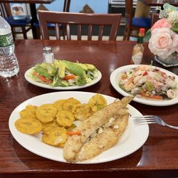 Boca Chica - Grouper with tostones and avocado salad. Small seafood ceviche.