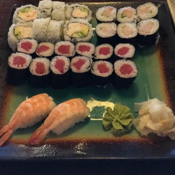 Sushi Shack - California Roll, hamachi roll, tuna roll, prawn nigiri (top to bottom, left to right) - Sushi Bars Near Me - Plano, Texas