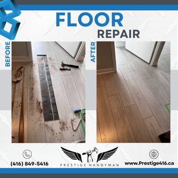 Prestige Handyman - Our team repaired this damaged floor section, ensuring a perfect match with existing planks for a smooth finish that blends seamlessly. - Handyman Near Me Prestige Handyman - Our team repaired this damaged floor section, ensuring a perfect match with existing planks for a smooth finish that blends seamlessly. - Handyman Near Me