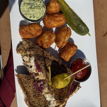 Base Camp Bistro - Halibut Reuben with tater tots. - New American Near Me - Talkeetna, Alaska Base Camp Bistro - Halibut Reuben with tater tots. - New American Near Me - Talkeetna, Alaska
