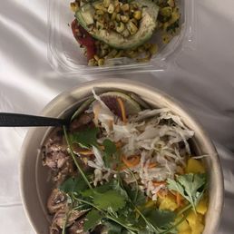 Tropical Chicken, Fresh Corn Salad Stuffed Avocado (v)