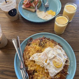 GRC veggie sausage hash and avocado toast. Fresh pressed orange juice included! GRC veggie sausage hash and avocado toast. Fresh pressed orange juice included!