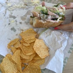 Subway - 6 inch white bread sandwich: ham, american cheese, lettuce, tomato, pickles, & spinach. w bbq chips & root beer