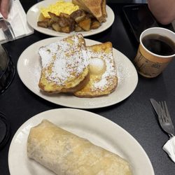 Jac's Cafe - Breakfast burrito, French toast (1/2), eggs and home fries