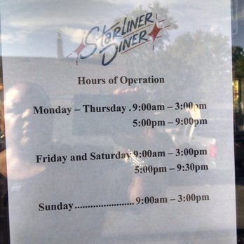 Starliner Diner - Hours posted on window. - Cuban Near Me - Hilliard, Ohio Starliner Diner - Hours posted on window. - Cuban Near Me - Hilliard, Ohio