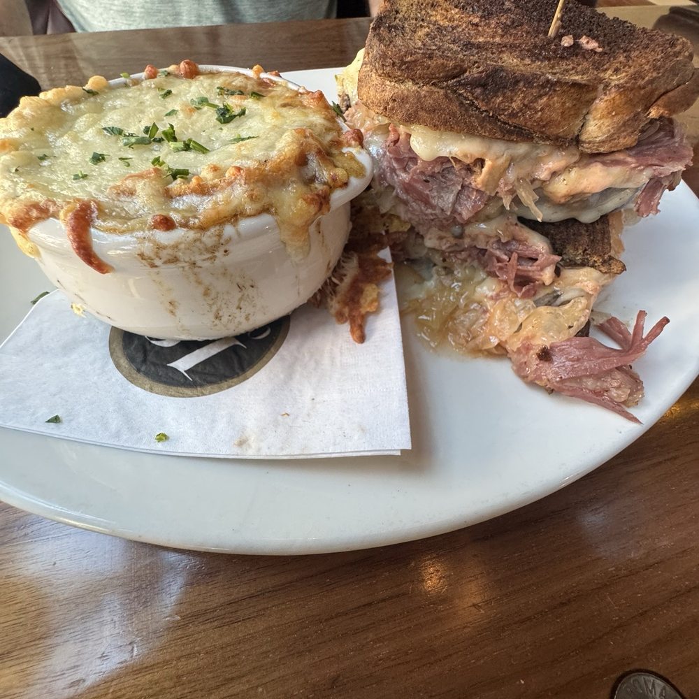 Reuben sandwich with French onion soup. Reuben sandwich with French onion soup.