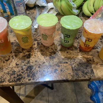 R&B Tea - In order from left to right: Hawaiian, Kumquat Lemon, Strawberry Yakult, Strawberry Matcha Latte, Mangonada, Passion Fruit Tea. - Coffee & Tea Near Me - Norwalk, California