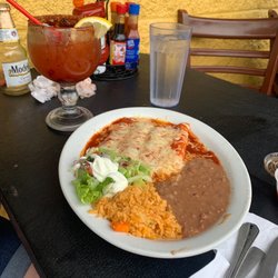 El Michoacano Restaurante - Cheese Enchiladas, Rice, And Beans. And A Side Salad.