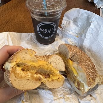 Bagels & Company - Ardmore - Breakfast Sammy on Sesame Bagel, added Hash brown onto Sandwich, Iced Coffee - Bagels Near Me - Ardmore, Pennsylvania Bagels & Company - Ardmore - Breakfast Sammy on Sesame Bagel, added Hash brown onto Sandwich, Iced Coffee - Bagels Near Me - Ardmore, Pennsylvania