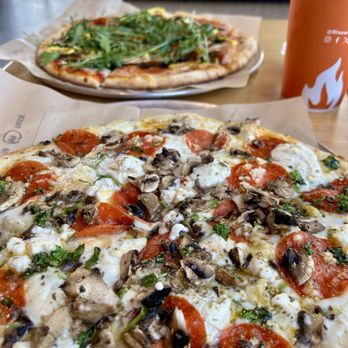 Blaze Pizza - Build Your Own Pizza (11-inch). Pesto sauce, all the cheeses, pepperoni, mushrooms, cilantro, and chopped garlic. - Salad Near Me - Glendora, California