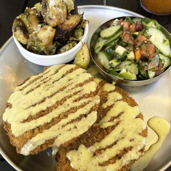 Easy ‘Que - Fried eggplant with a curry flavored drizzle, Greek salad, and brussel sprouts. - Barbeque Near Me - Kailua, Hawaii