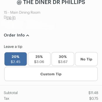 At The Diner - Suggested tips seem high and include the tax but can be customized as desired. - Breakfast & Brunch Near Me - Orlando, Florida At The Diner - Suggested tips seem high and include the tax but can be customized as desired. - Breakfast & Brunch Near Me - Orlando, Florida