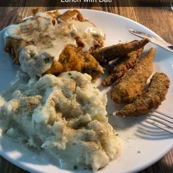 Tall Paul's - Country fried steak with mashed potatoes and okra.