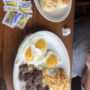 Cracker Barrel Old Country Store - Big breakfast with steak tips, biscuits, and grits. Scott said it was delicious. - American Near Me - Murfreesboro, Tennessee
