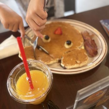 Bella’s Diner - Chocolate chip Mickey Mouse pancakes with bacon and orange juice - Coffee & Tea Near Me - Bakersfield, California