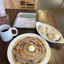 The Empossible Eden Cafe - Cinnamon roll pancake, biscuits and sausage gravy and black coffee