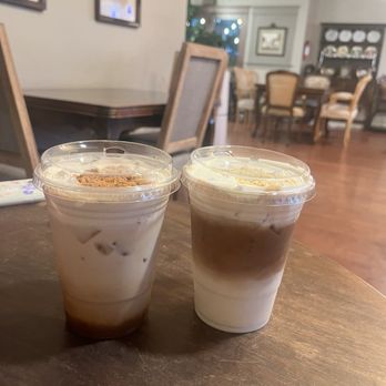 The Classic Cafe - Salty Toffee (Left) and Minion Latte (Right) - Coffee & Tea Near Me - Fullerton, California