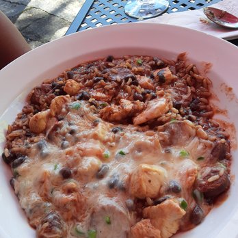Kool Beanz Cafe - Moho chicken, chorizo, shrimp, black beans, rice, covered with pepper jack cheese - New American Near Me - Tallahassee, Florida Kool Beanz Cafe - Moho chicken, chorizo, shrimp, black beans, rice, covered with pepper jack cheese - New American Near Me - Tallahassee, Florida