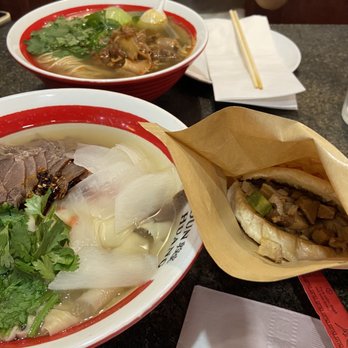 Dun Huang - Signature Lanzhou Beef Noodles (bottom) Marinated Beef with Cilantro (top) Stewed Pork Burger (it's small) - Noodles Near Me - Brooklyn, New York Dun Huang - Signature Lanzhou Beef Noodles (bottom) Marinated Beef with Cilantro (top) Stewed Pork Burger (it's small) - Noodles Near Me - Brooklyn, New York