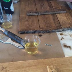 Board & Brush - Complimentary wine and soda bar...staining complete.