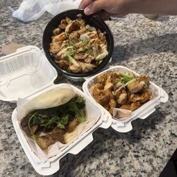 Candied Pork Belly Bao, Popcorn Chicken, Grilled Chicken Bowl Candied Pork Belly Bao, Popcorn Chicken, Grilled Chicken Bowl
