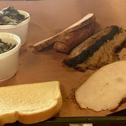 Turkey, jalapeño cheddar sausage, brisket, double collard greens Turkey, jalapeño cheddar sausage, brisket, double collard greens