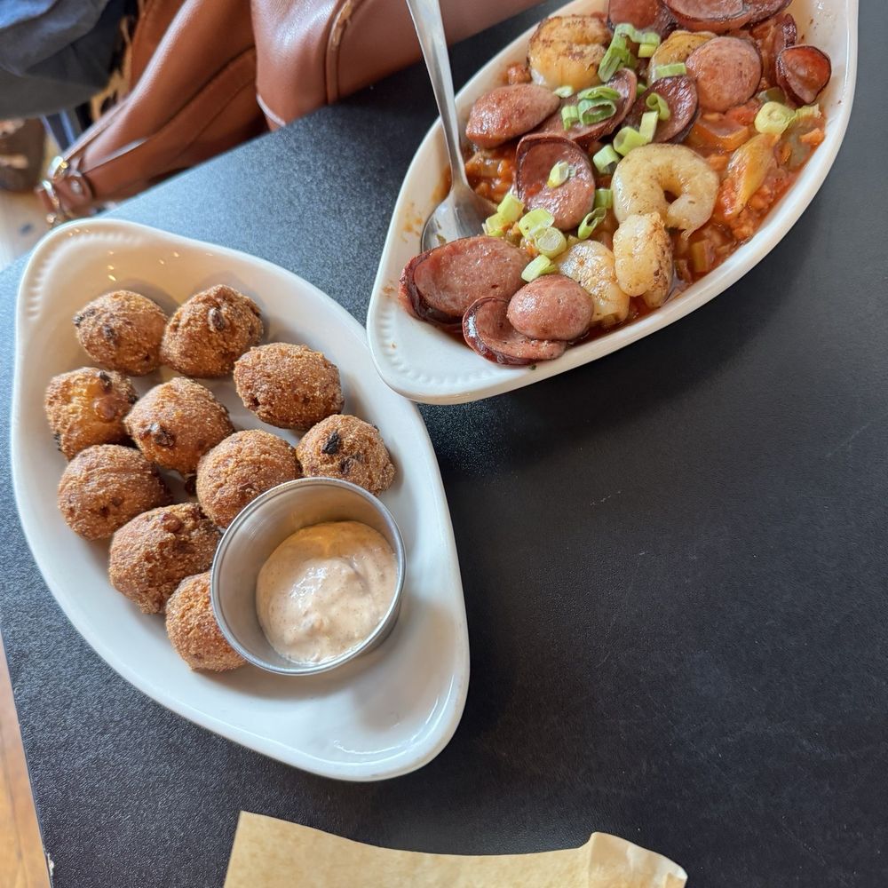 Shrimp and andouille sausage jambalaya with hush puppies Shrimp and andouille sausage jambalaya with hush puppies