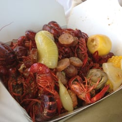 Rough Hollow Crawfish Boil - Crawfish, corn, potatoes, onions, garlic, mushrooms, susage, and lemon.
