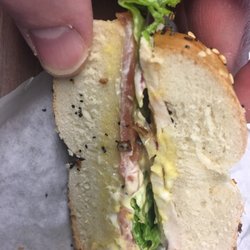 This is their $7.75 bagel sandwich rip-off.Just one small piece of meat and no cheese. I almost thought they forgot the meat by accident