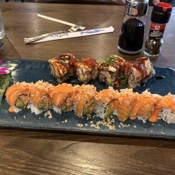 Hana - Sunshine Roll and a Banzai roll in back - Sushi Bars Near Me - Gainesville, Florida Hana - Sunshine Roll and a Banzai roll in back - Sushi Bars Near Me - Gainesville, Florida