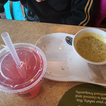 Panera Bread - Cold/warm broccoli cheddar soup with cold bread. Side of cold bread not pictured. With prickly pear Fresca - Salad Near Me - Albuquerque, New Mexico