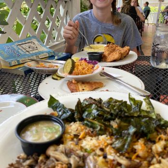 Over Yonder - Kid's chicken, pimento and cheese with fry bread appetizer, and fried rice with greens and mushrooms. - Southern Near Me - Sugar Grove, North Carolina