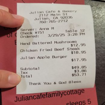 Julian Cafe - Receipt - Bakeries Near Me - Julian, California Julian Cafe - Receipt - Bakeries Near Me - Julian, California