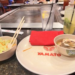 Yamato Japanese Steakhouse & Sushi Bar - Miso soup and salad with passion fruit mojito (non-alcoholic beverage)