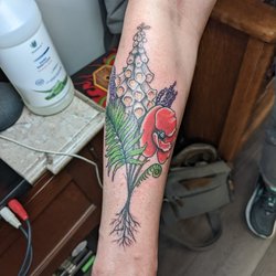 Tattoos by Court - English wildflowers forearm tattoo, sister tattoo