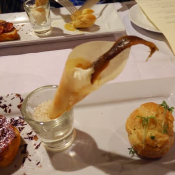 The Harvest Vine - Seduccion; chorizo w/chocolate, canutillo of vinegar cured anchovy w/sherried cream cheese, profiterole w/foie gras mousse. - Tapas Bars Near Me - Seattle, Washington The Harvest Vine - Seduccion; chorizo w/chocolate, canutillo of vinegar cured anchovy w/sherried cream cheese, profiterole w/foie gras mousse. - Tapas Bars Near Me - Seattle, Washington