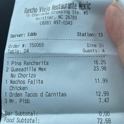 Receipt with food cost.