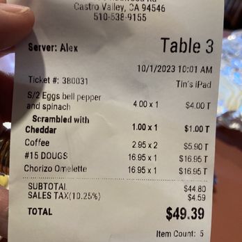 Doug's Place - Bill- expensive but the off menu side of eggs is reasonable - Breakfast & Brunch Near Me - Castro Valley, California