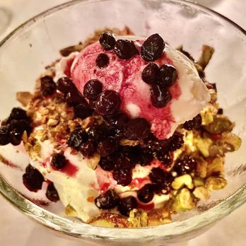 C & O Restaurant - Wild Huckleberry Sundae, Caramelized Pistachios, Whipped Cream - New American Near Me - Charlottesville, Virginia