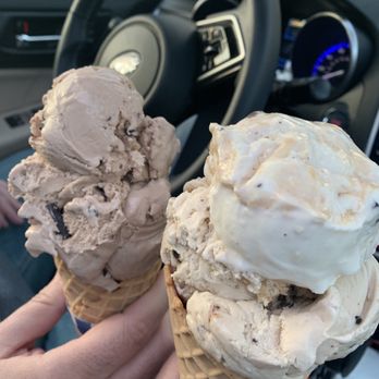 Helgers Ice Cream Shoppe - Left - 2 scoops Mocha Chip w/ waffle cone  Right 2 scoops (top) Coconut Cheesecake Brownie, (bottom) Campfire S'mores w/ waffle cone - Ice Cream & Frozen Yogurt Near Me - Tiverton, Rhode Island
