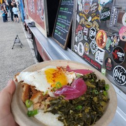 Pork belly and grits (with collard greens and pickled onions)