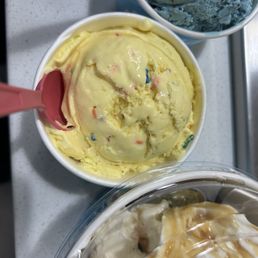 Cookie Monster, Cake Batter, Brownie w Vanilla ice cream and whip cream
