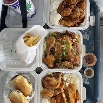 Mark's Drive Inn - Bbq chicken/katsu plate, oyster sauce chicken over cake noodle, garlic chicken plate/cheeseburger, fries, fruit punch - Hawaiian Near Me - Honolulu, Hawaii