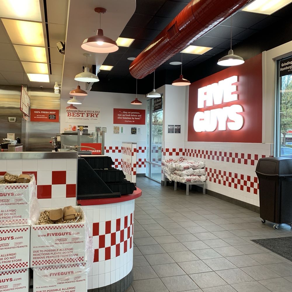 Five Guys - Inside restaurant. Notice peanuts. - Burgers Near Me - Olympia, Washington