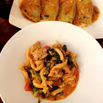 Bellini - Agnolotti con Melanzane (eggplant and cheese ravioli) and Casarecci al Ragu di Pollo - Italian Near Me - Philadelphia, Pennsylvania